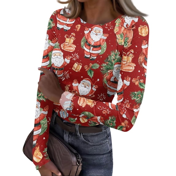 Christmas Long Sleeve Shirts for Women Y2k Ribbed Slim Fit Funny Santa Claus Print Tee Blouses Fall Fashion Basic Party Crew Neck Thermal T-Shirts