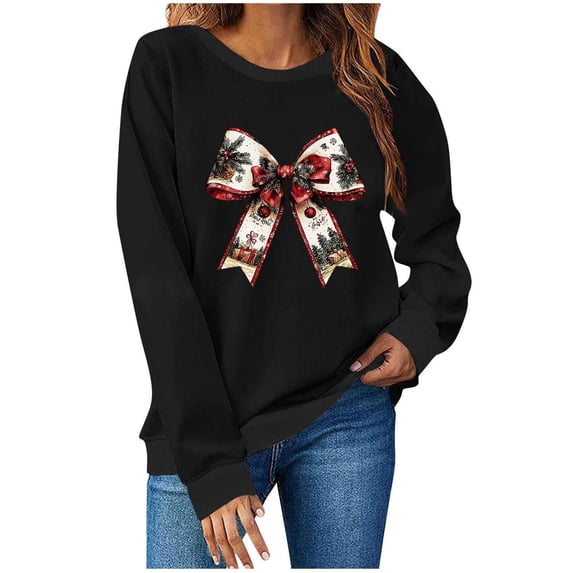 Christmas Long Sleeve T Shirt for Women Cute Santa Claus Elk Printed Tees Casual Crewneck Loose Fit Pullover Tops