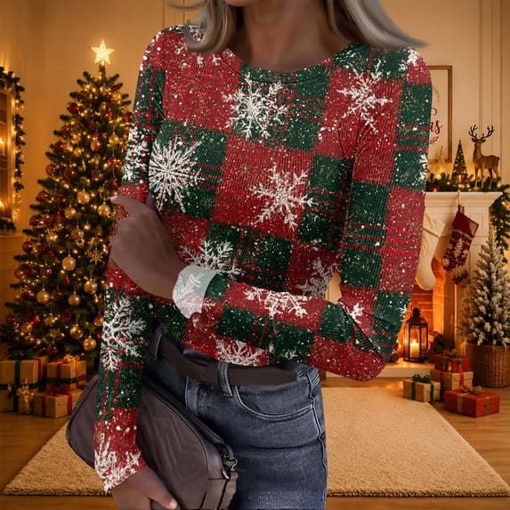 Christmas Long Sleeve Tops for Women Going Out Ribbed Fitted Slim Funny Buffalo Plaid Snowflake Print Tee Blouses Trendy Fall Basic Party Crew Neck Thermal T-Shirts