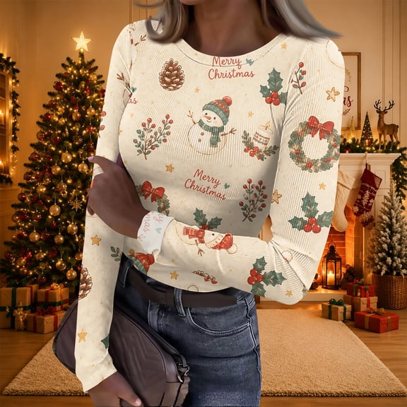 Christmas Long Sleeve Tops for Women Going Out Slim Fit Ribbed Funny Xmas Christmas Graphic Underwear Tops Spring Fall Trendy Holiday Casual Round Neck T-Shirts
