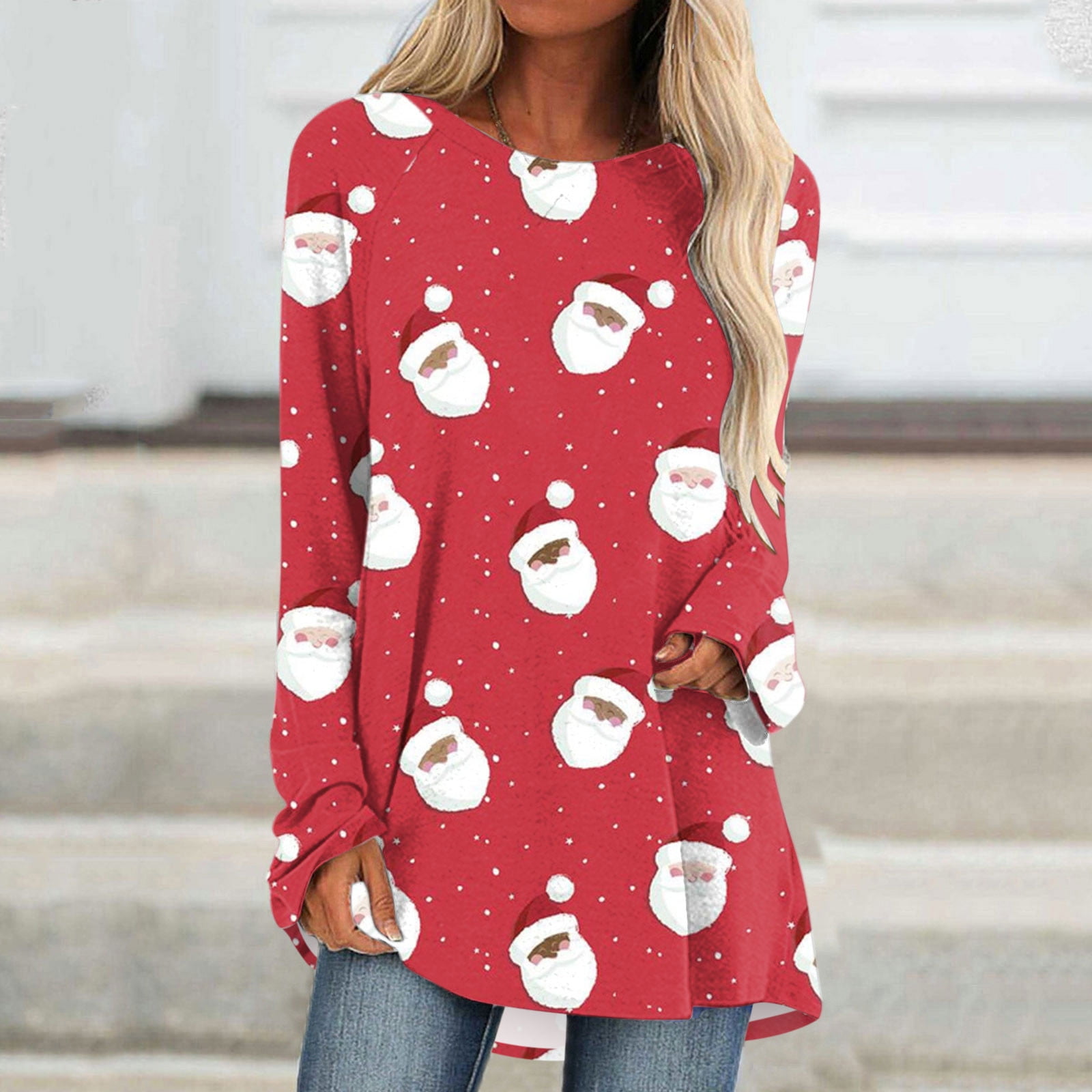 Christmas Long Sleeve Tunics for Womens Cute Santa Claus Xmas-Elk Xmas ...