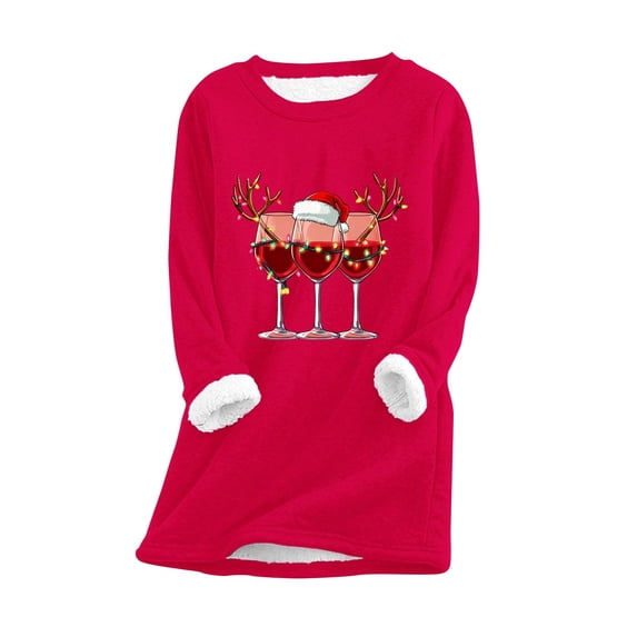 Christmas Long Sweatshirts For Women Crew Neck Xmas Graphic Print Plus Size Pullover Thicken Thermal Holiday Tops (S, Red-A)