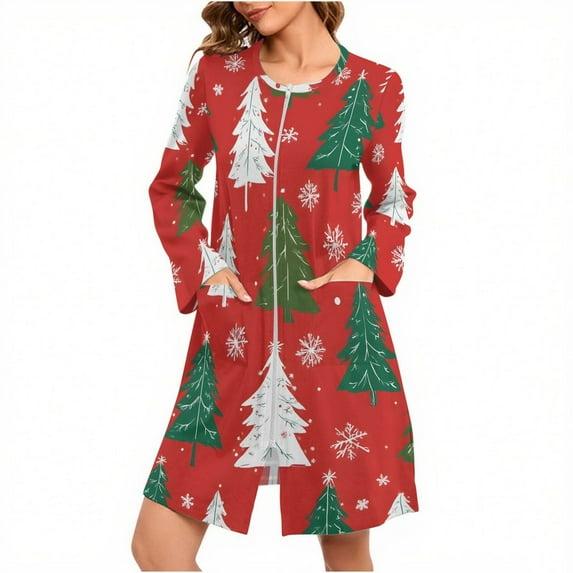Christmas Loungewear for Women Long Sleeve Pajamas Robe Mid-Length Nightgown Xmas Robes Multicolor-12 L