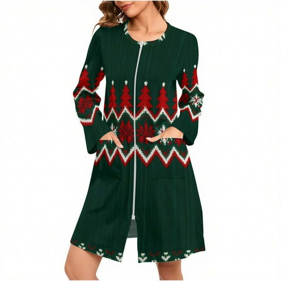 Christmas Loungewear for Women Long Sleeve Pajamas Robe Mid-Length Nightgown Xmas Robes Multicolor-2 XL