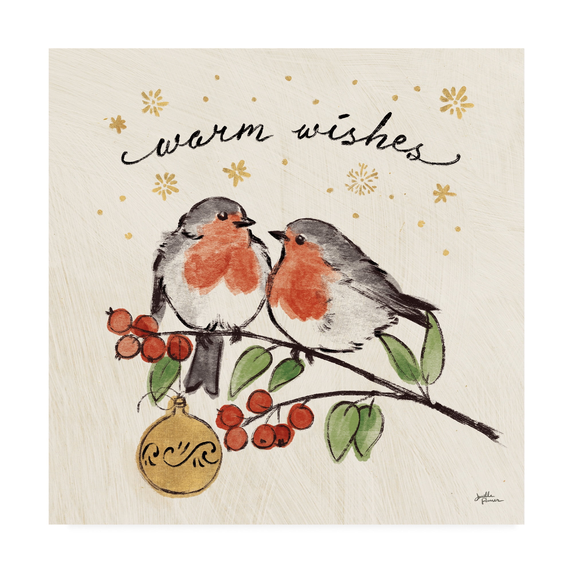 Christmas Lovebirds on Holly Branch Canvas Art