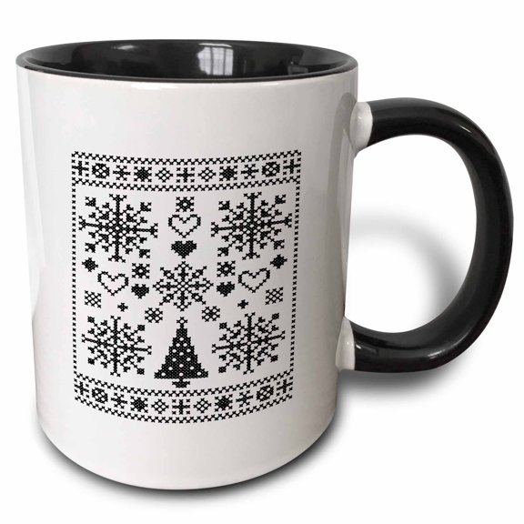 3drose, Christmas Lover Cross Pattern Sampler Artistic Design Black, 11oz Two-tone Black Mug