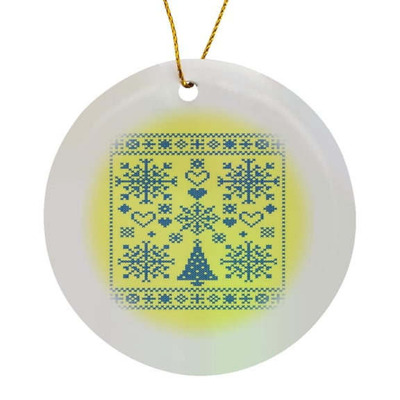 3drose, Christmas Lover Cross Pattern Sampler Artistic Design Blue, Circle Porcelain Ornament