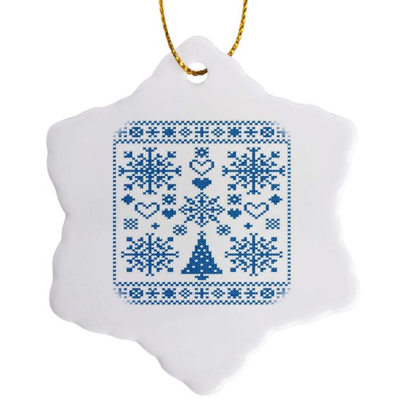 3drose, Christmas Lover Cross Pattern Sampler Artistic Design Teal, 3 inch Snowflake Porcelain Ornament