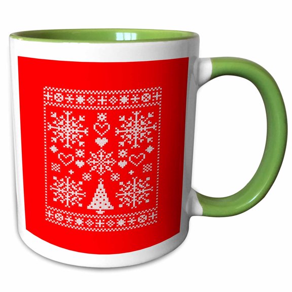 3drose, Christmas Lover Cross Pattern Sampler Artistic Design White, 15oz Two-tone Green Mug