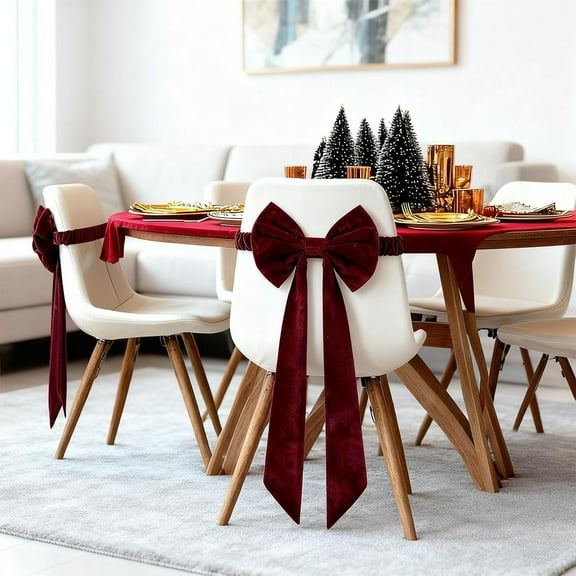 Christmas Luxury Burgundy Chair Sashes 12 x 30 Inch Large Bows Chair Cover with Fluff Decoration for Xmas Wedding Event Holiday Banquet Party