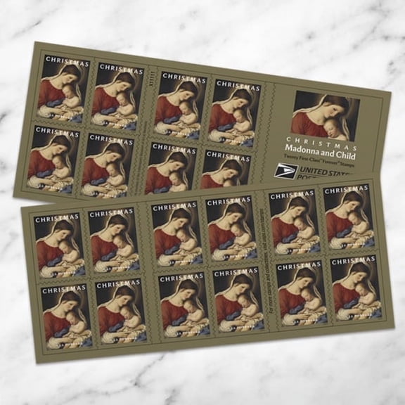 Christmas Madonna and Child Forever USPS Postage Stamp 5 Books of 20 US First Class Sassoferrato Celebration Announcement Wedding Holiday (100 Stamps)