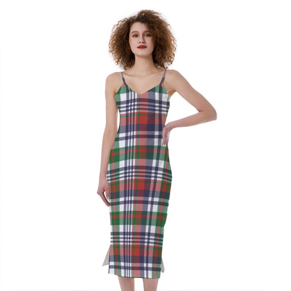 Christmas Madras Plaid Print Slim Fit Midi Cami Dress, Jesus Christian Fashion Summer Maxi Sexy Casual Dress For Women