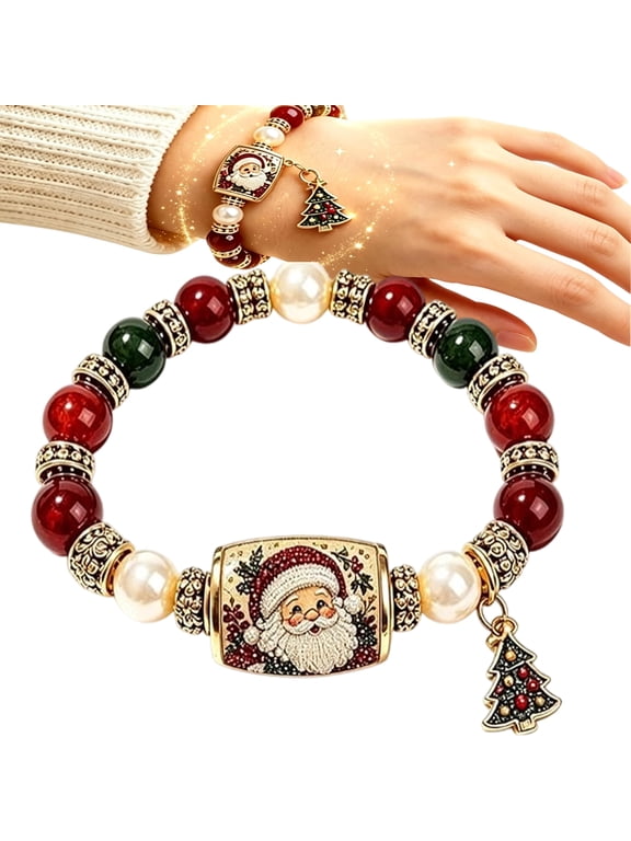 Christmas Magic Collection Bracelet, 2026 Holiday Beaded Stretch Bracelet with Santa Reindeer Tree Stocking Charms for Women