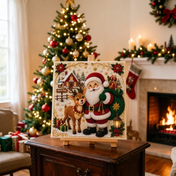 Christmas Magic DIY Diamond Pearl Art Kit, Santa & Reindeer Christmas Diamond Painting, Pre-Sorted Bead Canvas with Wooden Stand, North Pole Snow Scene Holiday Wall Decor for Adults