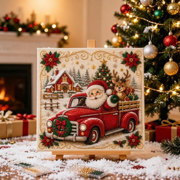 Christmas Magic DIY Diamond Pearl Art Kit, Santa Vintage Truck Christmas Diamond Painting, Reindeer & Wreath North Pole Scene, Resin Bead Canvas Wall Decor for Adults