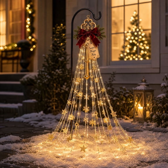 Christmas Magic Key Cascade Solar Yard Light Decor, Solar Garden Stake Light Display with Magic Key & Star Fountain Design, Waterproof Warm LED Cascading Light for Patio Garden Lawn Yard Decorations