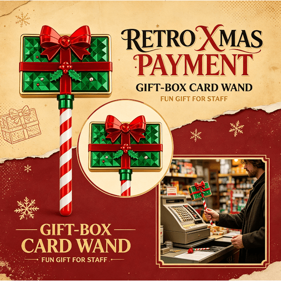 Christmas Magic Payment Wand, Gift‑Box‑Shaped Contactless Tap‑to‑Pay Tool with Bow Accents, Candy‑Cane Striped Handle, Novelty Checkout Prop for Holiday Retail Shops & Xmas Events