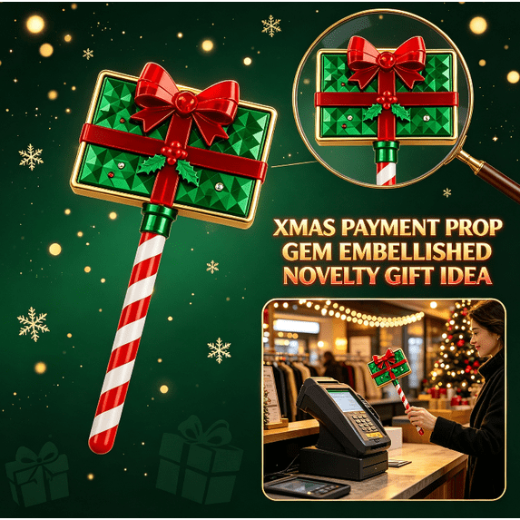 Christmas Magic Payment Wand, Memorable Contactless Checkout Stick, Detailed Gem‑Decorated Gift‑Box Head, Fun‑Vibe Retail Prop for Winter‑Season Shopping Activities