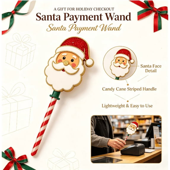 Christmas Magic Payment Wand, Memorable Contactless Checkout Stick, Detailed Glitter Santa‑Face Head, Fun‑Vibe Retail Prop for Winter‑Season Shopping Activities