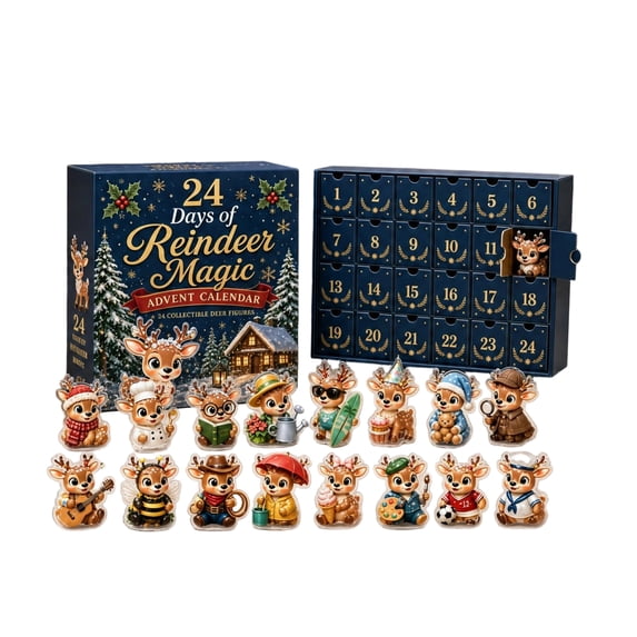 Christmas Magic Reindeer Advent Calendar, 2D Acrylic Festive Holiday Deer Charms Daily Reveal Blind Box for Christmas Tree, 24 Pcs