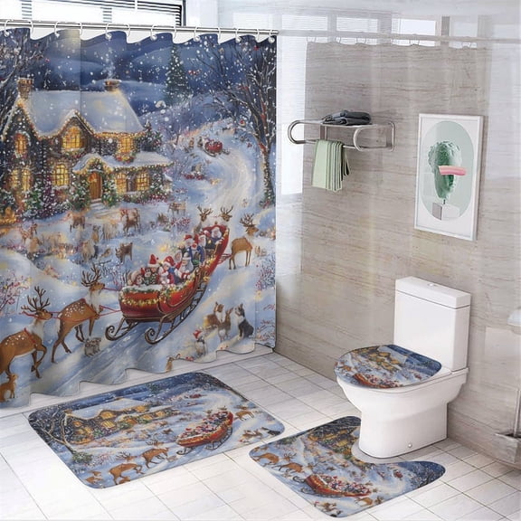 Christmas Magic Reindeer And Santa's Sleigh 4 Pcs Shower Curtain Sets Shower Curtain Set with Rugs Classic Christmas Red Barn Waterproof Fabric Bath Curtains for Bathroom Decor Sets