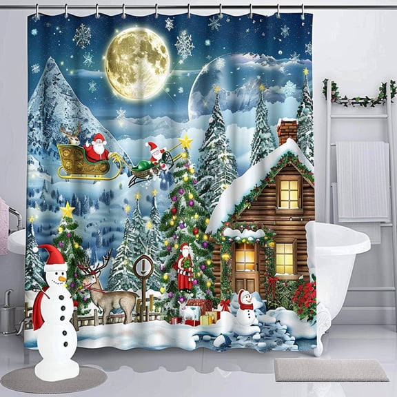 Christmas Magic Shower Curtain: Santa's Sleigh Ride Snowman Reindeer Moonlit Sky Cozy Cottage Festive Decor North Pole Scene