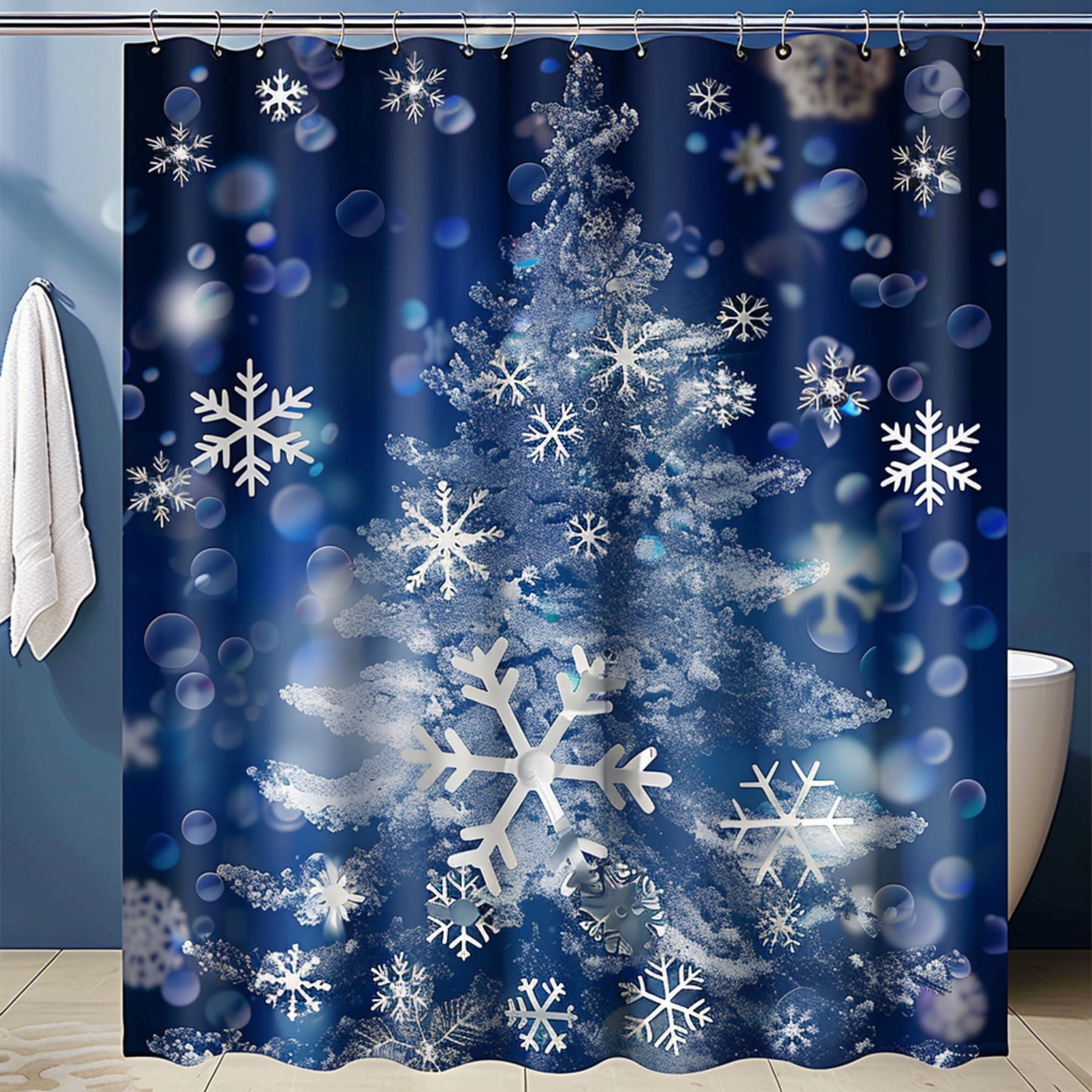 Christmas Magic Shower Curtain with Snowflakes and Silver Accents on a