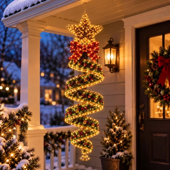 Christmas Magic Spiral Hanging LED Light, 360° Illuminated Vertical Holiday Decoration for Porch Yard Garden, Indoor Outdoor, Weatherproof PVC, 3 Festive Designs