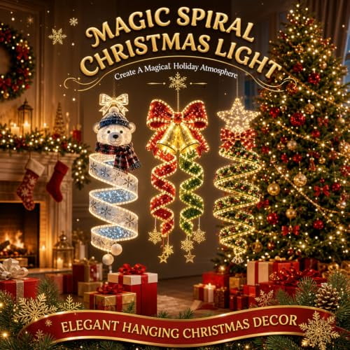 Christmas Magic Spiral Hanging LED Light Collection, Hanging Christmas Spiral Light Collection, Suspended Star Snowflake Glow Decor for Front Porch Entryway, Holiday Home Exterior Decoration