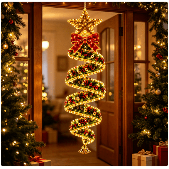 Christmas Magic Spiral Hanging LED Light Collection, Lighted Christmas Spiral Ornament With Warm LED Glow, Vertical Holiday Decor For Porch, Doorway, Window And Covered Patio
