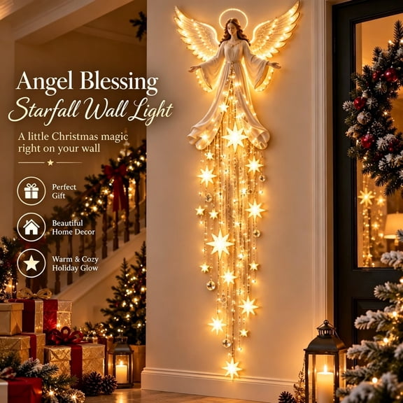 Christmas Magic Trail Angel Blessing Wall Light, Resin Hanging Wall Decor with Cascading Glowing Star LED Lights for Indoor Home Decor, Multicolor 31.5in