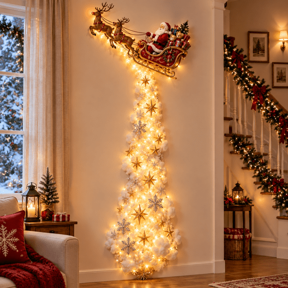 Christmas Magic Trail Wall Light, 3D LED Glowing Christmas Scene, Santa Sleigh Reindeer Hanging, Indoor Holiday Decor, Festive Xmas Gift