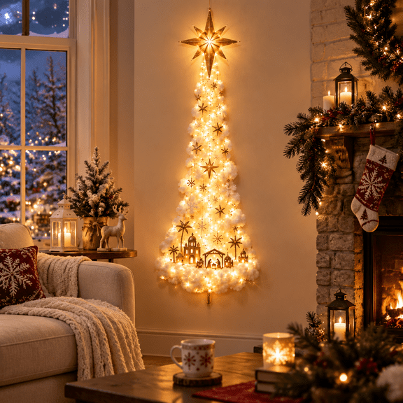 Christmas Magic Trail Wall Light, Bethlehem Star of Faith Lighted Nativity Wall Decor, Santa Sleigh Reindeer, Sparkling Snow Effect