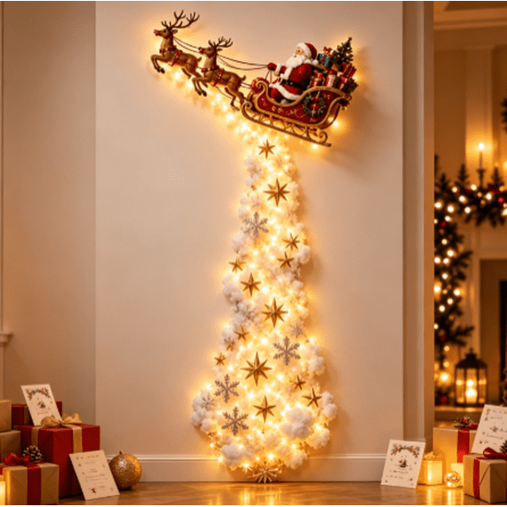 Christmas Magic Trail Wall Light, Festive Sleigh Scene Lighted Wall Decor, Warm Glowing Accent for Living Room Entryway Christmas Home Display (Santa Claus)