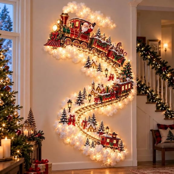 3Pcs Christmas Magic Trail Wall Light, Christmas Train Hanging Decoration with Warm White LED, 3D Star Snowflake, Indoor Holiday Decor for Living Room