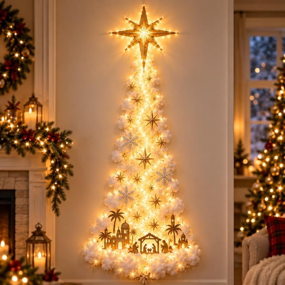 Christmas Magic Trail Wall Light, Glowing Star & Nativity Scene Hanging Decoration With Warm White LED, Snowflake & Star, Indoor Holiday Decor For Living Room & Xmas Gifts