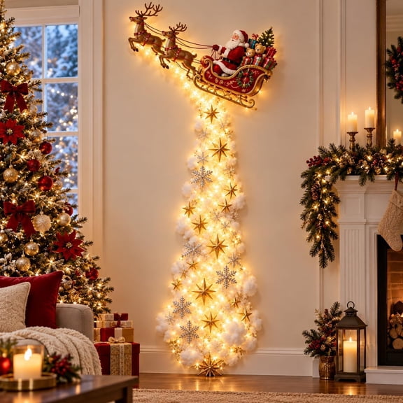 Christmas Magic Trail Wall Light, Santa Sleigh Reindeer Hanging Deco,3D Warm White Glow, Sparkling Cascading Snow , Seasonal Ambiance Indoor Holiday Decor for Living Room, Festive Xmas Gift