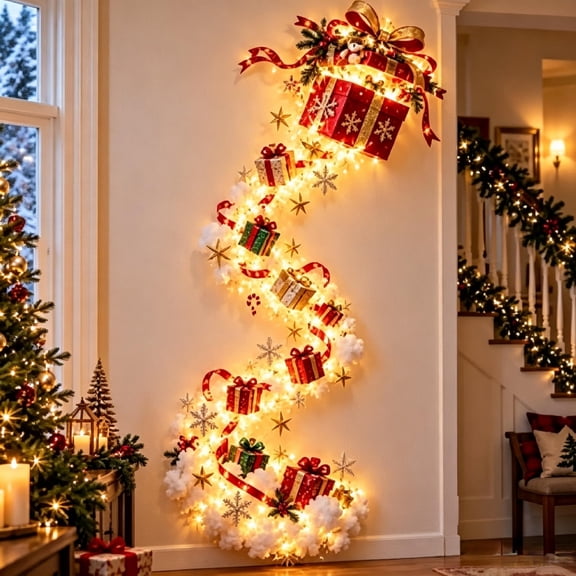 Christmas Magic Trail Wall Light Santa Sleigh Reindeer Hanging Wall Pack Light Decoration Light Up Christmas Decor Sparkling Cascading Snow Effect for Home