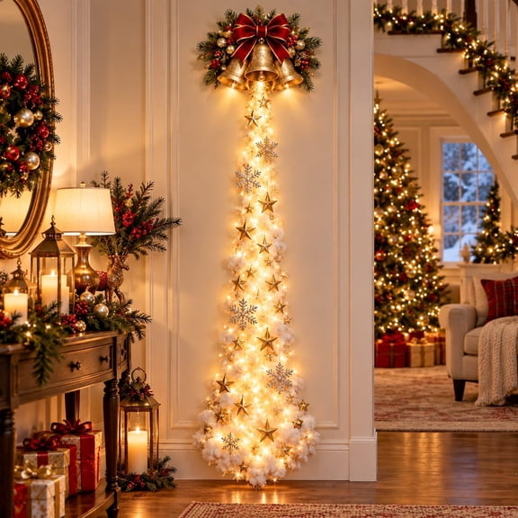 Christmas Magic Trail Wall Light, Warm white cascading LED glow creates festive, space-saving Christmas wall decor for living rooms, hallways and entryways.