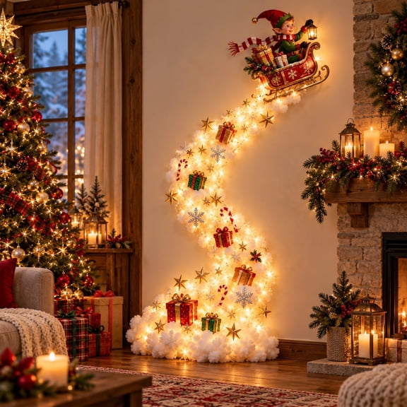 Christmas Magic Trail Wall Light, Warm white cascading LED glow creates festive, space-saving Christmas wall decor for living rooms, hallways and entryways.