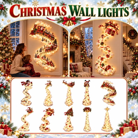 Christmas Magic Trail Wall Light with Warm White LED, Christmas Train Hanging Decor, 3D Star Snowflake, Indoor Holiday Gift for Living Room
