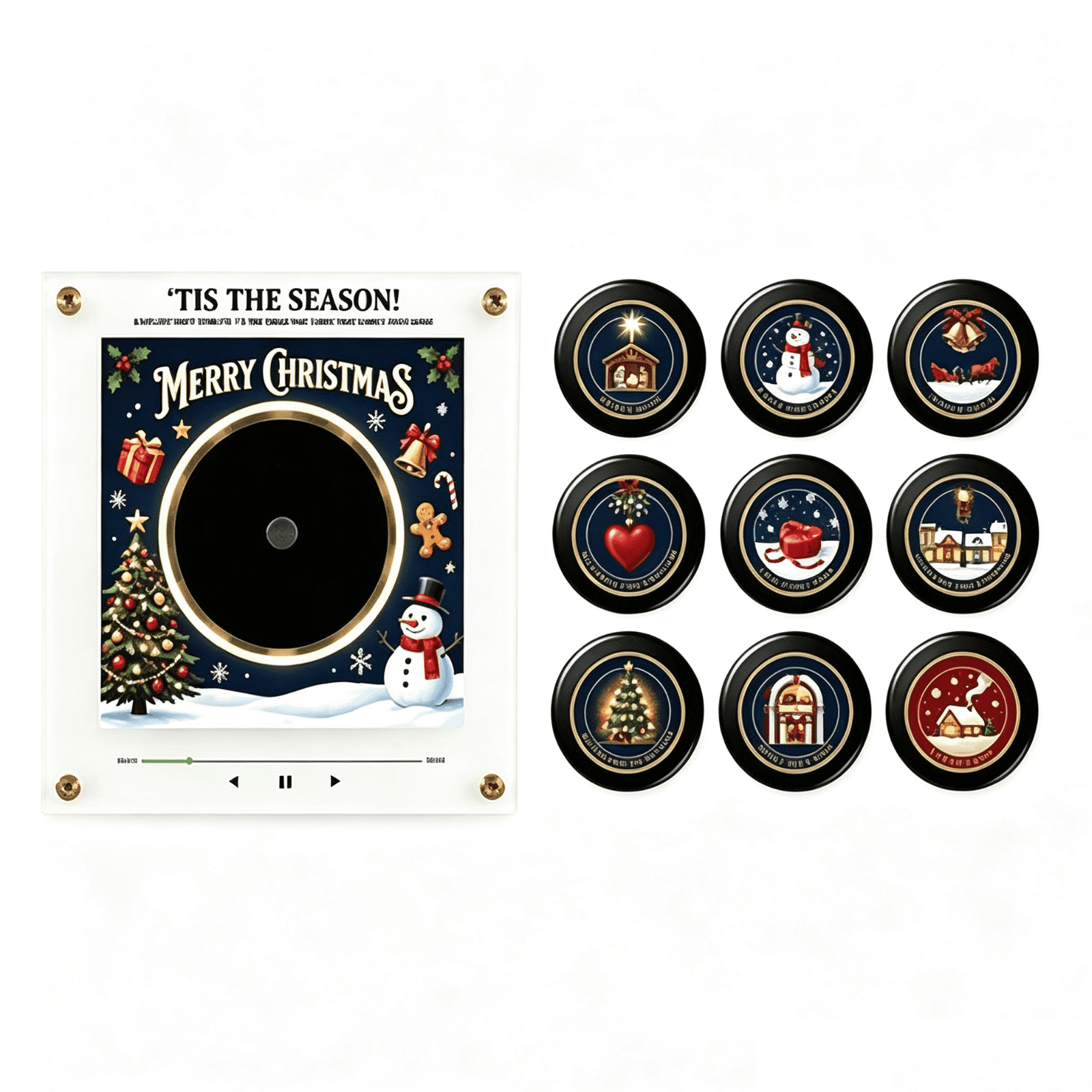 Christmas Magnet Mini Vinyl Record Player with 9 Discs, Interactive Festive Decor Magnet, Space-Saving Kitchen Ornament, Novelty Christmas Gift for Family