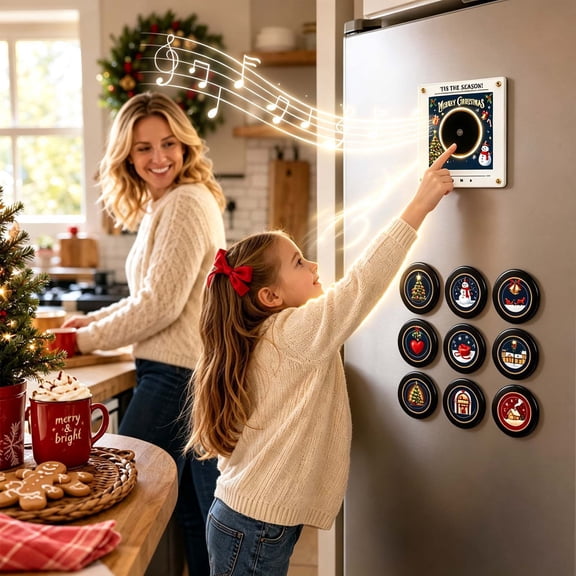 Christmas Magnetic Fridge Record Player, Mini Music Player with 9 NFC Style Discs, Custom MP3 Playback, Rotating Turntable Effect and USB Cable, for Refrigerator Holiday Decor