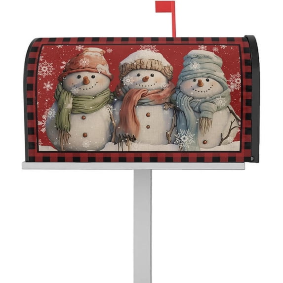 Christmas Magnetic Mailbox Covers Standard Size 21x25 Inch, Red Snowman Snowflake Winter Xmas Mailbox Wraps Mailbox Post Cover Red Buffalo Plaid Mailbox Decor for Outside Garden Yard
