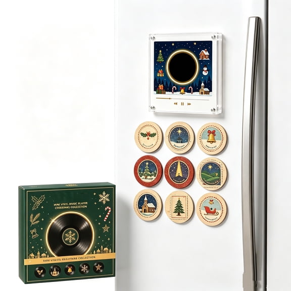 Christmas Magnetic Music Player Set Mini Retro Vinyl Record Fridge Magnet,Festive Compact Accessory for Kitchen Office Bedroom Display Stocking Stuffer Holiday Gift Family Friends Collectors