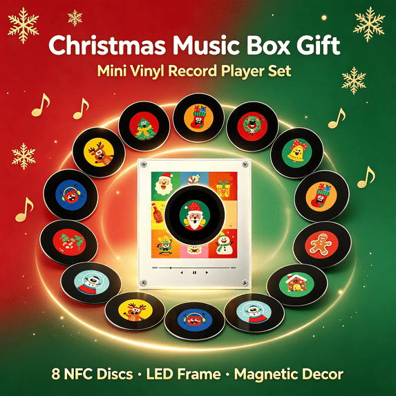 Fridge Vinyl Player,Aesthetic Vintage NFC Vinyl Player,9 Swappable Programmable Retro Vinyl Discs,Rotating Warm LED Light Effect,Phone‑Free Playback,X‑mas Fridge Tabletop Gifting