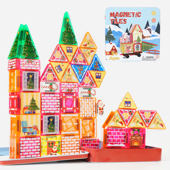 YunTopKids Magnetic Tiles for Kids, 49Pcs Christmas Travel Magnetic Blocks, STEM Educational Building Set Kids Ages 3 , Mini Magnetic Tiles for Boys & Girls