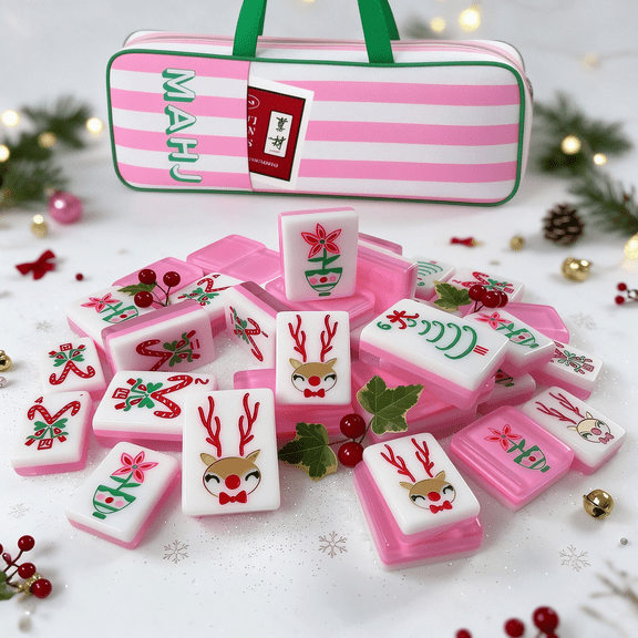 Christmas Mahjong Tiles, Cute Pink 160-Piece American Mahjong Set with 1.2-inch Engraved 4-Layer Acrylic Tiles, Carrying Bag