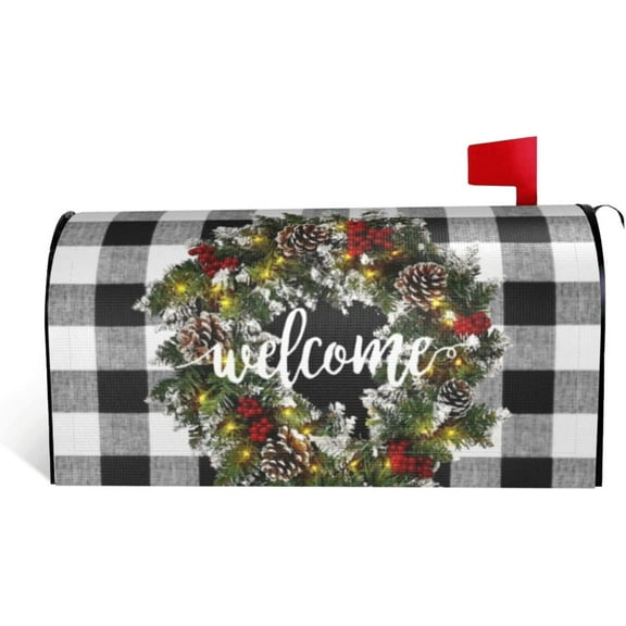 Christmas Mailbox Covers Magnetic Large Size Winter Welcome Box Wreath Mailbox Cover Magnetic Buffalo Plaid Garden Yard Home Green Decor for Outdoor Oversized 25.5x21 in