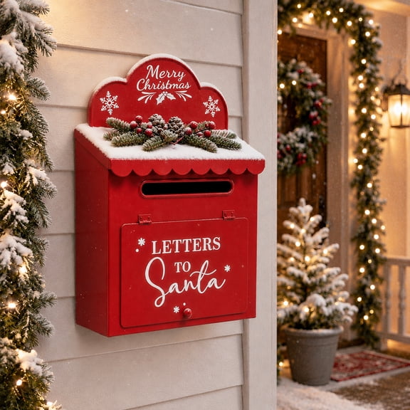 Christmas Mailbox Decor, Letters to Santa Mail Holder, Rustic Cottage Xmas Mailbox Wall Decor, Holiday Letter Storage Box for Front Door Porch Yard Farmhouse Christmas Decorations